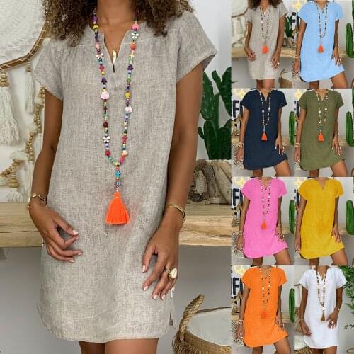 WomenS Dress Fashion Simple Solid Color Large Size Cotton And Linen V-Neck Short-Sleeved Straight Knee-Length Dress платье 50