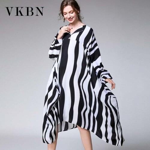 VKBN 2020 Fashion News Large Size Dresses Woman Striped V-Neck Long Sleeve Female Long Sleeve Dress Plus Size Women