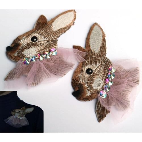 2pc/lot 3D rabbit Handmade rhinestone beaded Patches for clothing DIY sew on animal parches Embroidery lace applique cross
