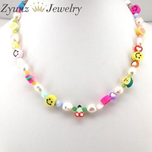 3PCS, Summer lovely fruit beaded necklace handmade luxury freshwater pearl jewelry choker trendy clay fruit accessories