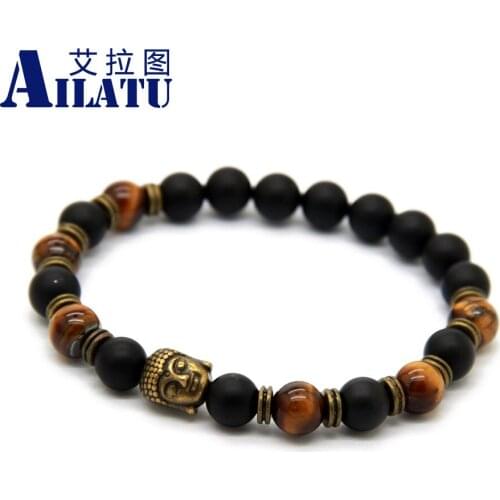 Ailatu Mature Mens Jewelry Antique Bronze Buddha Head Stretch Bracelet with Tiger Eye Stone and Matte Beads