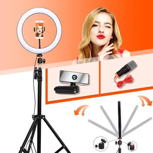10inch 26cm Dimmable LED Selfie Ring Light HD 1080P Webcam Condenser Microphone 3.5mm Plug for Live Broadcast Video Conference
