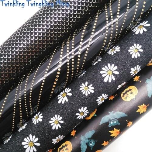 Daisy Printed Glitter leather, Pumpkin Printed Synthetic Leather Faux Fabric Sheet For Bow 21x29CM Twinkling Ming KM365