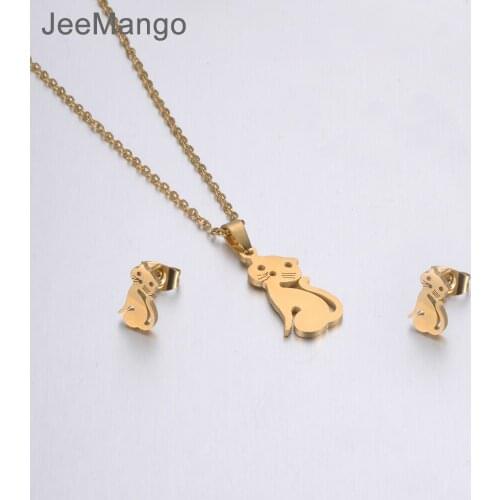 JeeMango Trendy Stainless Steel Sets For Women Girls Kitten Cat Shape Necklace Earrings For Women Lovers Engagement Jewelry