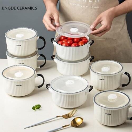 1pc Nordic Style Ceramic Instant Noodle Bowls with Plastic Lid Handle Bowl Mug Fruit Bowl Home Dormitory Office Supplies