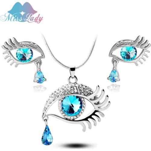 Miss Lady Fashion Teardrop Eye Crystal Necklace Zircon Earring Jewelry Set For Women Evil Eye Necklace Earrings Set MLK0165