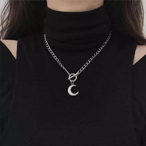 Kpop Trendy Necklace For Women Glossy Silver Color Meniscus Pendant Necklace Ring T-shaped Buckle Collares For Ladies Girl Gifts