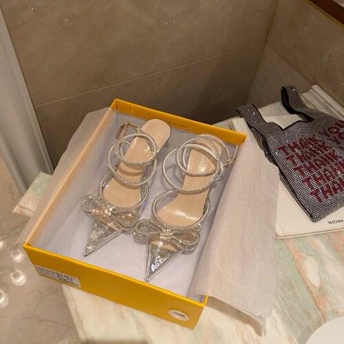 Fashion Women Transparent Sandals Pointed Toe PVC Elegant Pumps Thin High Heels Rhinestone Ankle Strap Buckle Closed Dress Shoes