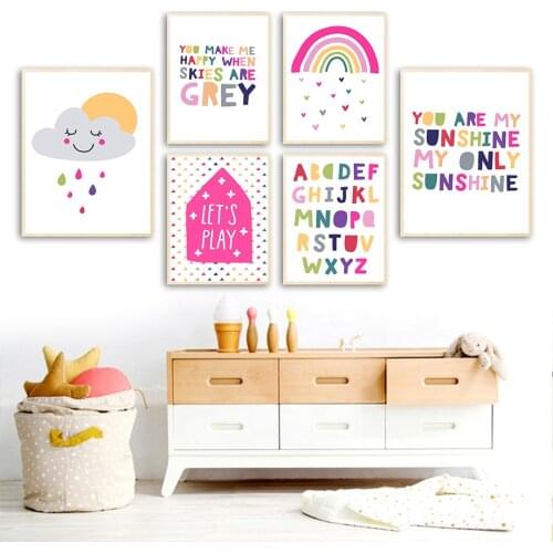 Cartoon Cloud Rain Sun Rainbow Alphabet Nursery Wall Art Canvas Painting Nordic Posters And Prints Wall Pictures Kids Room Decor