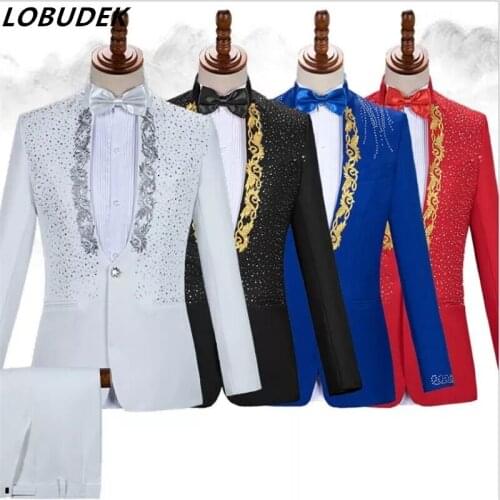 England Style Formal Mens Suits 4 Colors Rhinestones Blazers Pants Sets Singer Host Concert Stage Outfits Wedding Party Dresses