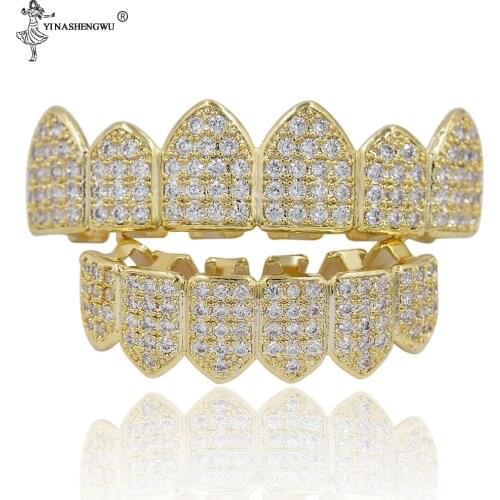Gold Silver Color Plated Hip Hop Teeth Grill Caps High Quality Micro Pave CZ Top & Bottom Grillz Mouth Tooth Grills Set For Men