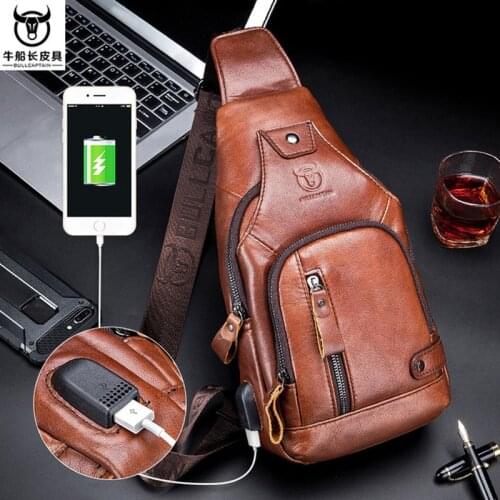 Brand Authorized 100% Cowhide Real Leather Casual Fashion Crossbody Chest Bag USB Charging Travel Shoulder Bag Daypack sac homme