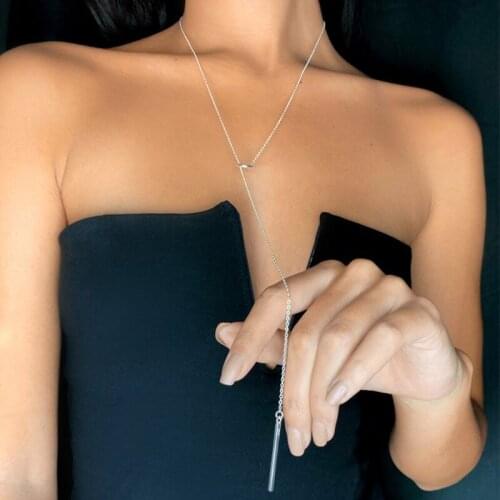 Stainless Steel Necklace Ladies New Fashion Simple Long Chain Rectangular Pendant Necklace Best Gift for Banquet
