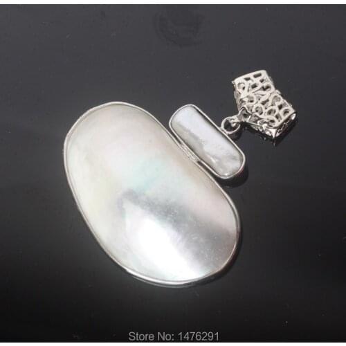 New Natural White Conch Shell & inlaid Rectangle Freshwater Pearl Bead Silvers Plating Pendant 1PCS