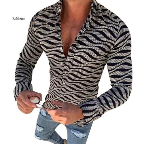 Mens Autumn Fashion Printed Casual Shirts Slim Fit Social Wave Pattern Lapel Long Sleeve Tops Male Clothing Blouse New