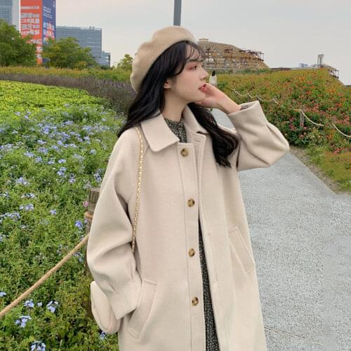 Mid-Length Woolen Coat Womens Button Autumn and Winter 2020 New Temperament Small Size Thickened Coat