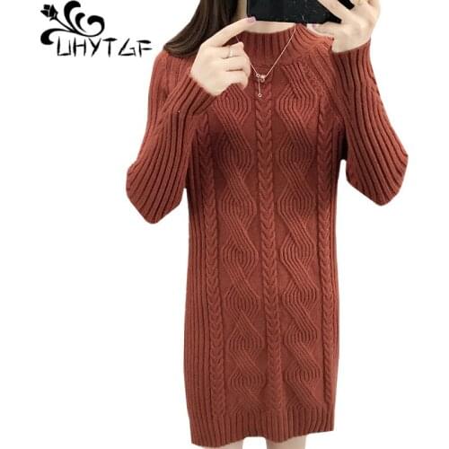 UHYTGF Sweater dress Womens fashion Twist Knit spring autumn sweaters dress female Half-high collar pullover elegant sweater 365