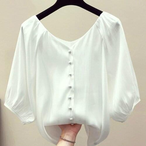 Moda VerAo 2019 Mulheres Tops de Manga Curta Com Decote Em V Casual Lanterna Luva SOlidos Chiffon Blusas Mulheres