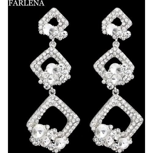 FARLENA Jewelry Full Crystal Rhinestones Geometric Dangle Earrings Long Drop Earrings for Women Wedding