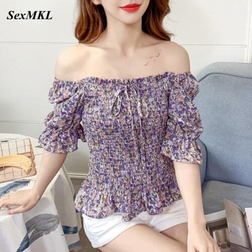 Summer Off Shoulder Puff Sleeve Tops Women 2021 Fashion Casual Floral Printed Chiffon Shirts Sexy Slim French Corset Top Blouse