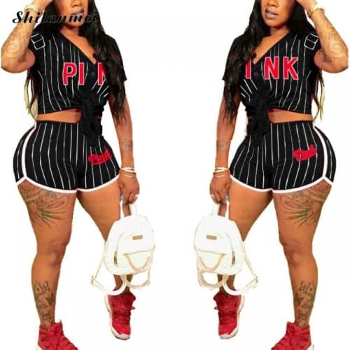 Striped Casual Two Piece Set Button Bow Lace Up Crop Top Shorts Female Tracksuit Pink Letter Print 2pcs Outfits Matching Sets