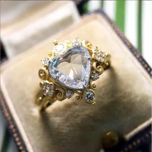 Milangirl Classic Gold Color Heart Love Shaped Crystal Zircon Rhinestone Female Ring for Women Wedding Engagement Jewelry