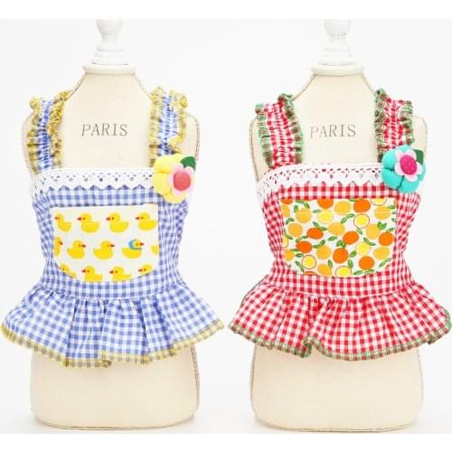 2021Spring Summer Flower Desgin Red Blue Polyester Dog Dress Plaid Pet Skirt Falda De Perro