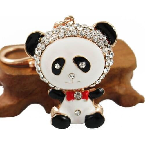 Lovely Panda Bear Keychain White&Black Rhinestone Red Heart Love Key Chain Holder Crystal Keyring for Bag Car Porte Clef