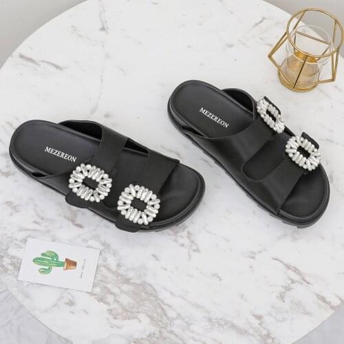 Brand Womens Slippers Outer Wear Womens Rhinestone Sides Buckle Open Toe Sandals Flat-Bottomed Bijou Sandals And Slippers