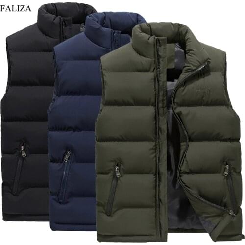 FALIZA New Mens Vest Winter Casual Sleeveless Jacket Down Vest Windproof Warm Waistcoat Casual Coats Plus Size M-6XL MJ104