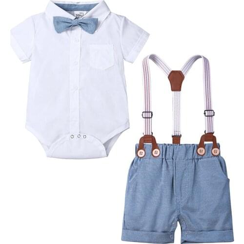 Toddler Baby Boy Bow Tie Gentleman Suit Newborn Baby Short Sleeve Bodysuit+Belt Pants Suit 6-24M Infant Clothing Set