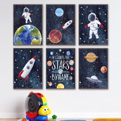Cartoon Space Astronaut Planet Rocket Spacecraft Wall Art Print Canvas Painting Nordic Poster Wall Pictures Baby Kids Room Decor
