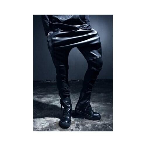 27-46 2018 Mens new brief slim black leather pants harem pants trousers punk boot cut jeans plus size stage singer costumes