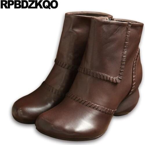 Shoes Chunky Fall Vintage Brand Women Winter Boots Genuine Leather Short Autumn Ankle Fur Round Toe Retro Brown New Chinese 2017