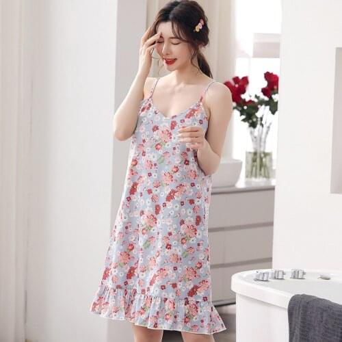 Plus Size 3XL Female Cotton Summer Sexy Spaghetti Strap Night Dress Women V-Neck Sleeveless Sleepwear Floral Kawaii Nightwear