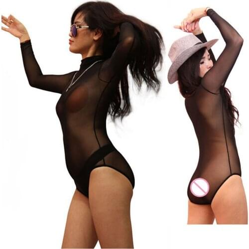Plus Size Mesh Transparent Wetlook Long Sleeve Bodysuit Women Lace Body Sexy Hot Erotic Porno Lingerie One Piece Babydoll Overol