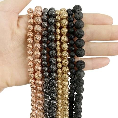 Silvers Rose Gold Black Natural Lava Stone Hematite Round Loose Beads for Jewelry Making DIY Bracelet Necklace Accessories A749