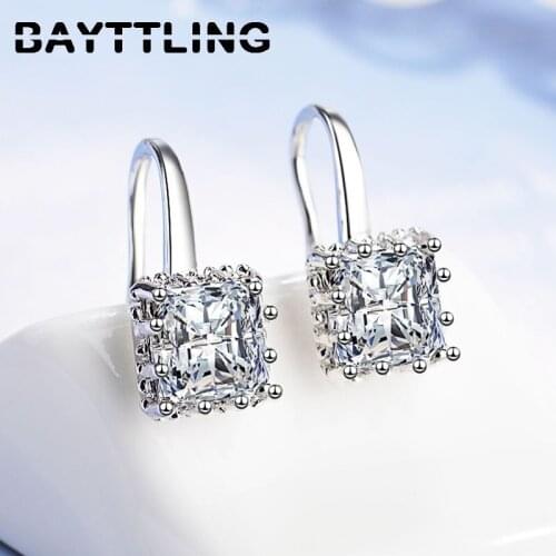 BAYTTLING 925 Sterling Silver 17MM Fine Square Zircon Drop Earrings For Woman Fashion Glamour Wedding Party Jewelry Gift
