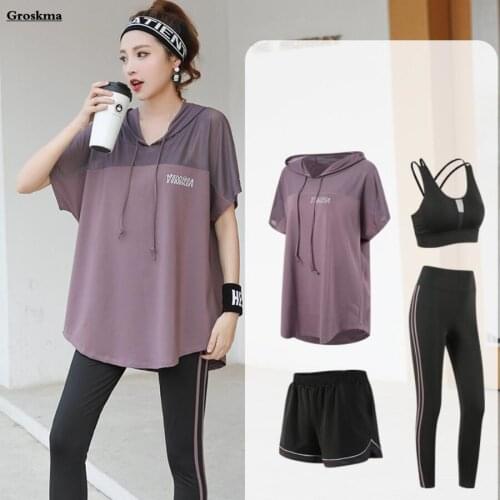 Mesh Hooded T Shirt+Bra+Shorts+Pants Women Quick Dry Yoga Suits Loose Plus Size Fitness Gym Sports Running Sets 2021 Summer 5XL