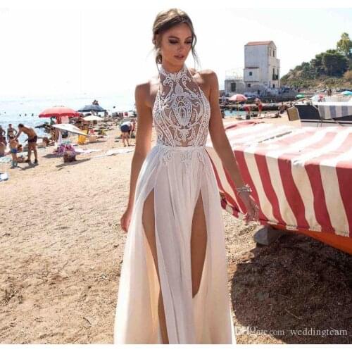 Bohemian Backless Wedding Dresses Lace Appliqued A-Line Halter Neck Split Side Bridal Gowns Chiffon Vestido De Novia