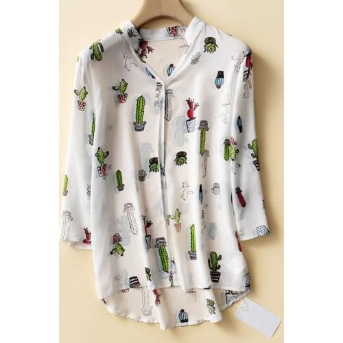 Elfbop Ladies Silk V Neck Cute Printed Blouse Top - 2020 New Women Blouse Shirt