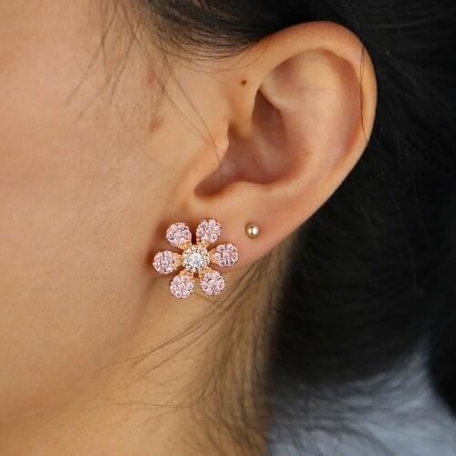 Micro pave pink pinky cz Bloom flower stud fashion beautiful Women girl fashion trendy stud earring