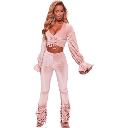 XLLAIS Velvet Pink Winter Party Pants Sets Women Sexy Long Sleeve Lace Up T-Shirts High Waist Ruched Trousers Two Piece Outfits