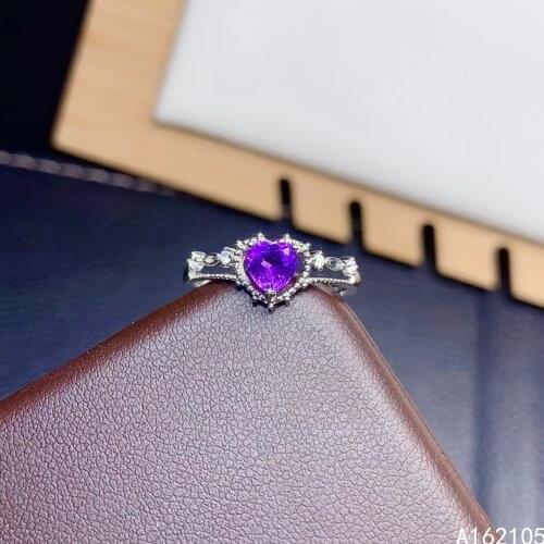 925 Pure Silver Chinese Style Natural Amethyst Womens Luxury Fashion Fresh Heart Adjustable Gem Ring Fine Jewelry Support Detec