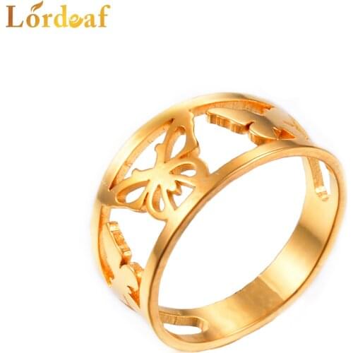 Womens Ring Gold Printed Butterfly Logo Fashion Stainless Steel Jewelry