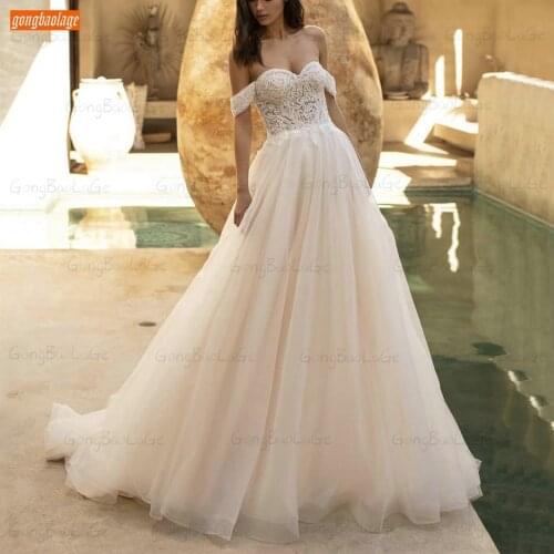 Bohemian Ivory Wedding Dresses 2021 Vestido De Novia A Line Tulle Lace Appliqued Sweetheart Suknia Slubna Customized Bride Gowns