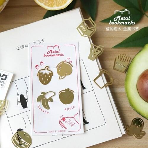4Pcs Creative Mini Gold Metal Bookmarks for Teacher Gift Fruit/food/sushi Shape Book Mark Clip Office Stationery Art Supplies