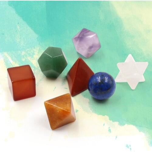 7 Pcs Chakra Stone Sacred Crystal Carved Merkaba Solids Geometry Stone Set for Healing Meditation Therapy
