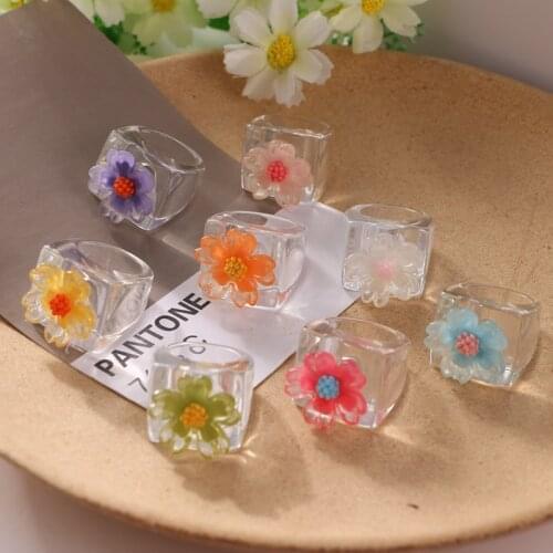 FAMSHIN Korea Acrylic Resin Rings Geometry Transparent Colorful Cute Flower Ring For Women Girls Party 2021 New Jewelry Gifts
