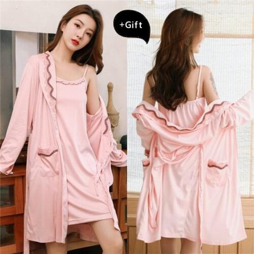 2 Sets lace Bath Robe Sleepwear Pajamas Kimono Robe Bathrobe Women Sexy Silk Autumn Female Robe Dressing Gowns Nightgown Pajamas